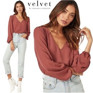 Velvet By Graham & Spencer Blouse Balloon Sleeves Made in USA Top Career Satin